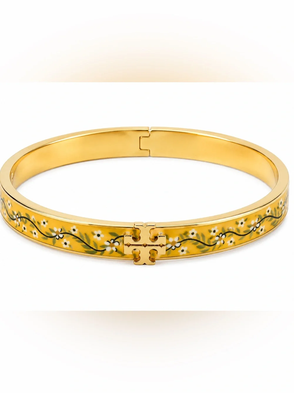 Tory Burch Gold Tone Yellow Floral Enamel Hinged Bangle Bracelet Double T
